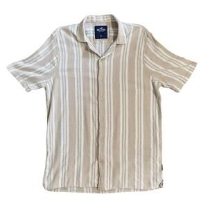 Mens HOLLISTER Sz XL Khaki & White Cotton Linen Button Down Shirt Short Sleeve